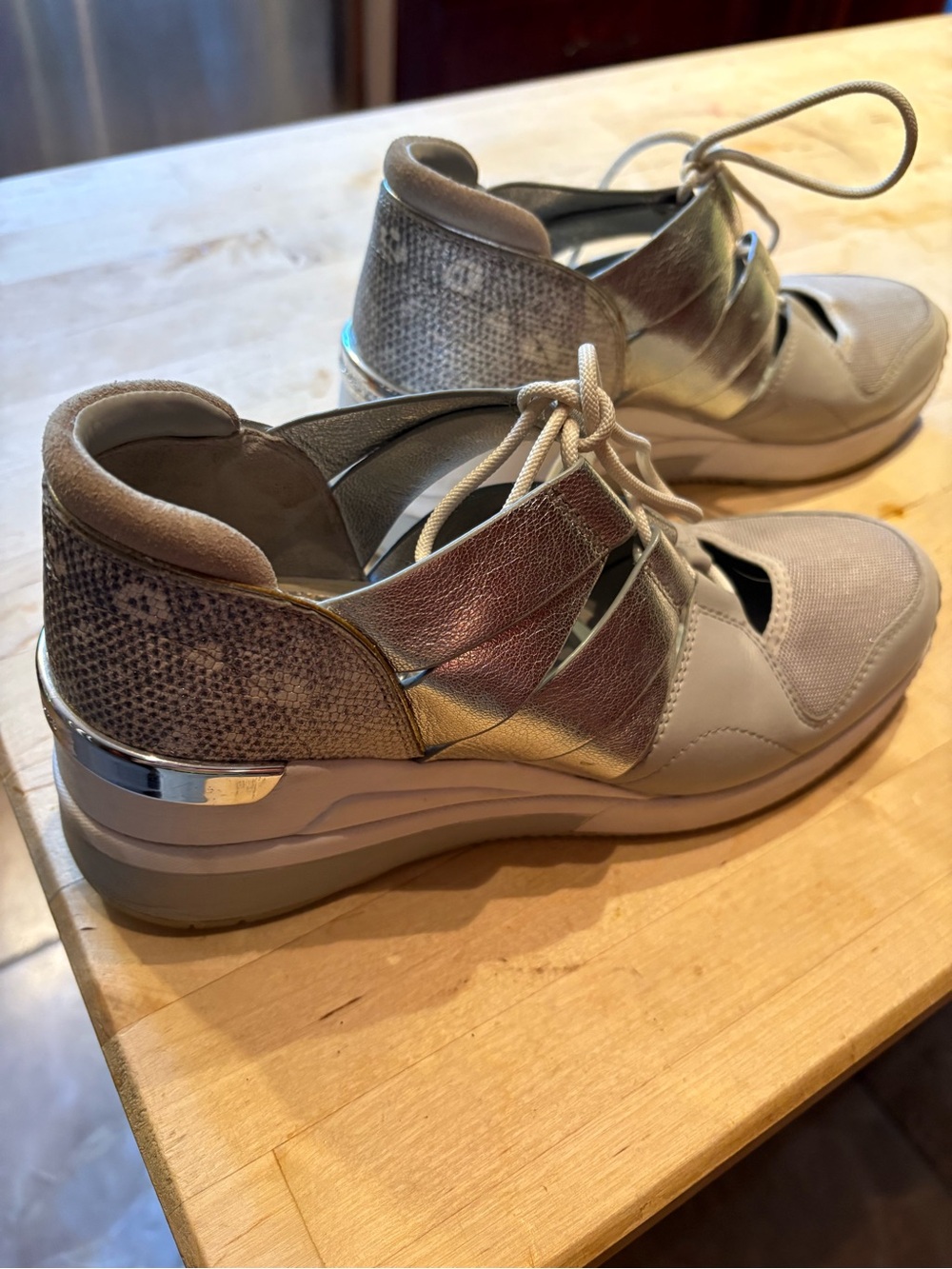 MICHAEL Michael Kors Beige and Metallic Gold Lace-Up Wedge Sneakers